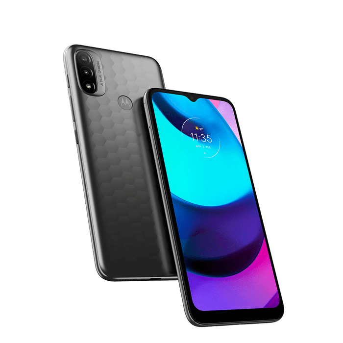 moto e20 gris grafito frente y reverso